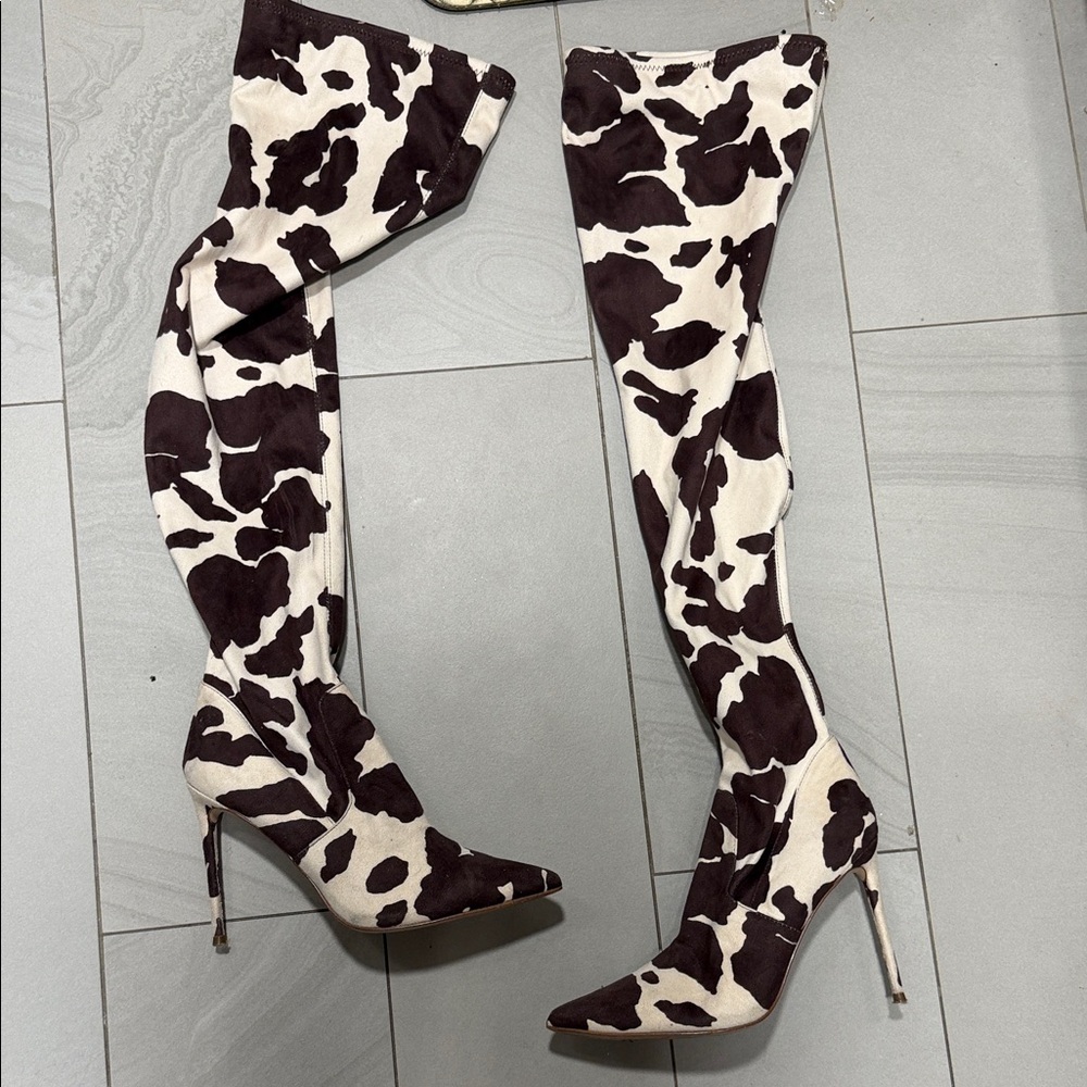 Steve Madden Cow-Print Over-the-Knee Stiletto Boots - Black & White